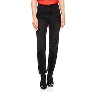 NWT SANDRO PARIS Jeans 36 Waist~27”Black Sequins Embroidery RawHem Straight”Alis